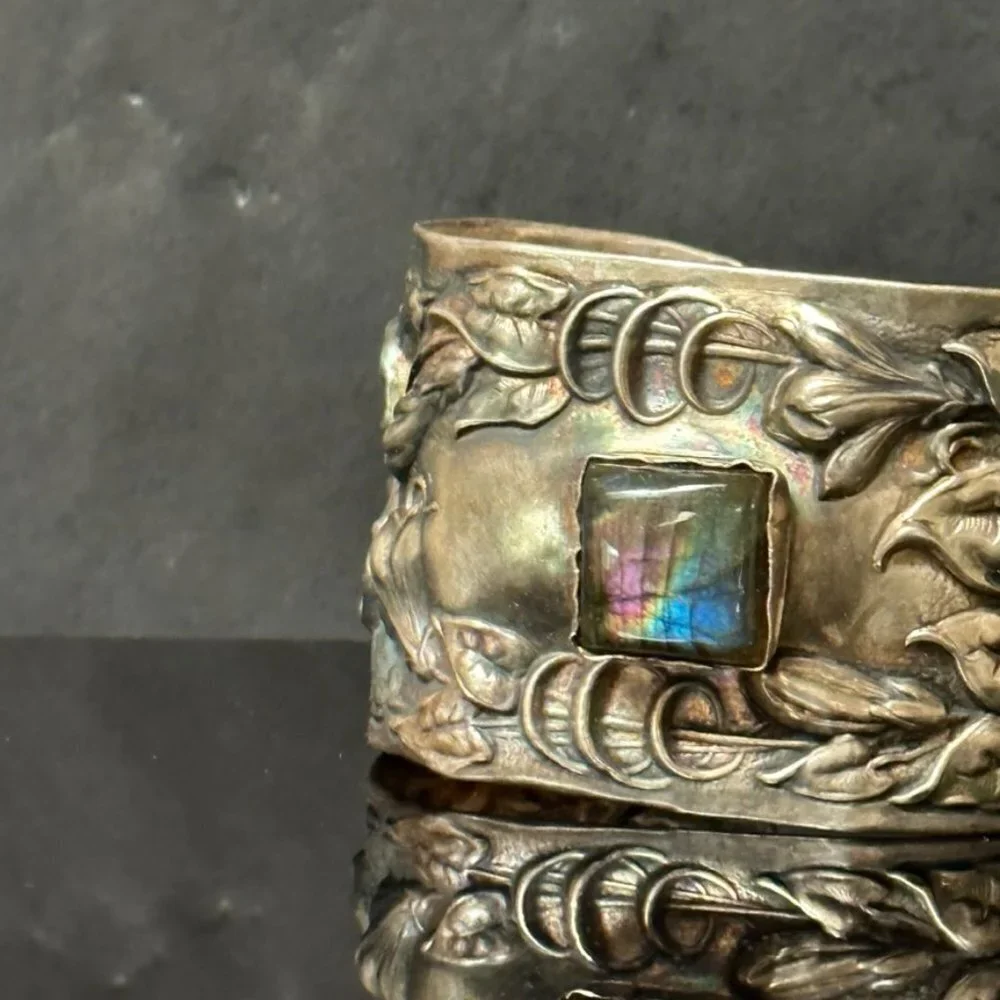 Labradorite Spectralite Sterling Silver 925 Cuff Bracelet Wide Floral Antique